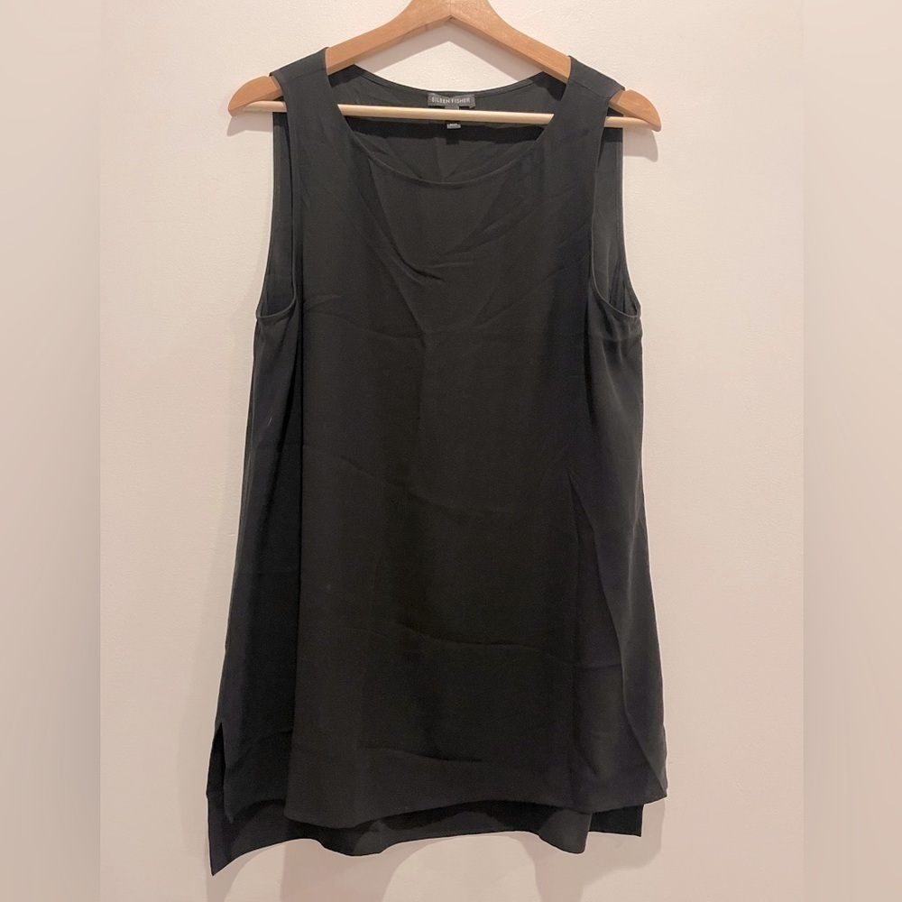 Eileen Fisher Black Relaxed 100% Silk Classic Sleeveless Shift Tank Dress size M